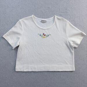 Amica Women's White Large Crop Top Cotton Butterfly Embroidered Waffle Knit